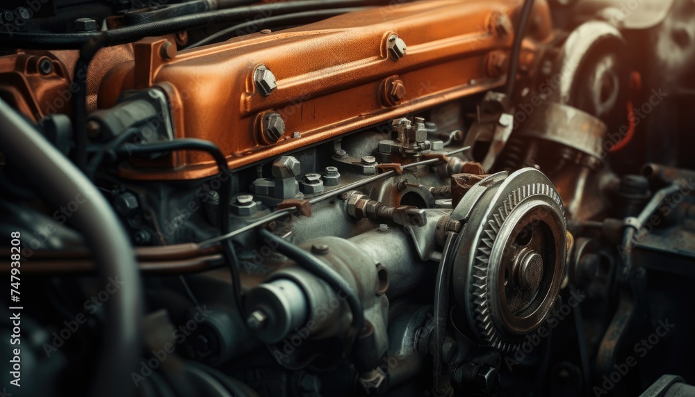 Fototapeta premium Industrial background. Engine of an old car