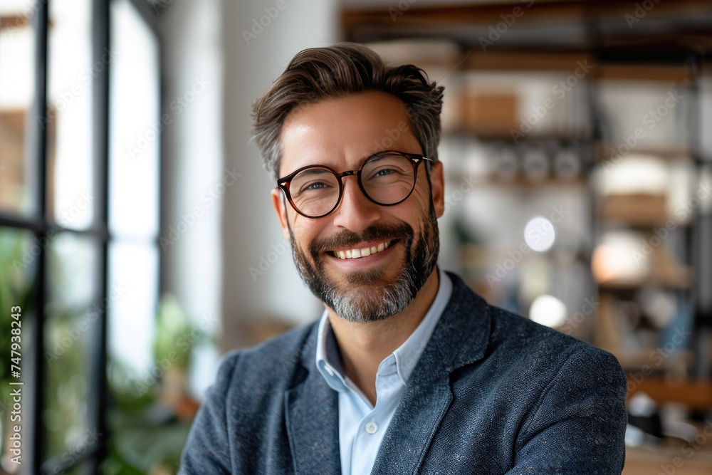 Fototapeta premium Confident bearded businessman with glasses smiling in modern creative workspace