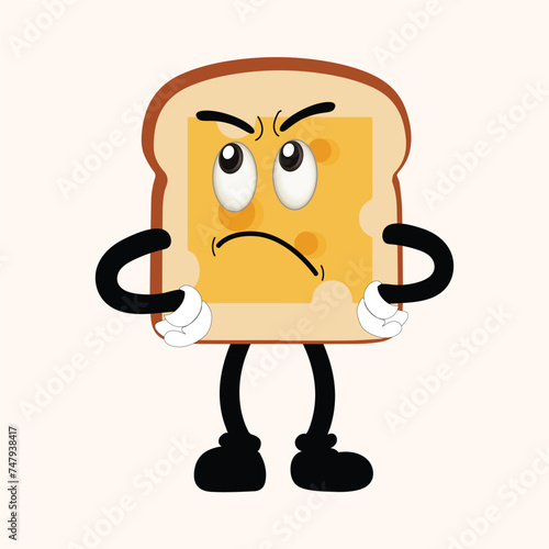 Happy Bread Slice Cartoon Mascot Character, Funny Sandwich Cartoon Vintage Bread Character Retro Style Bread Logo Vector Illustration 60s 70s Bread Retro Style