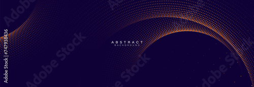 Dark abstract background with flowing curve particles. Glowing dotted lines circle design element. Modern dots pattern. Futuristic technology concept. Vector illustration