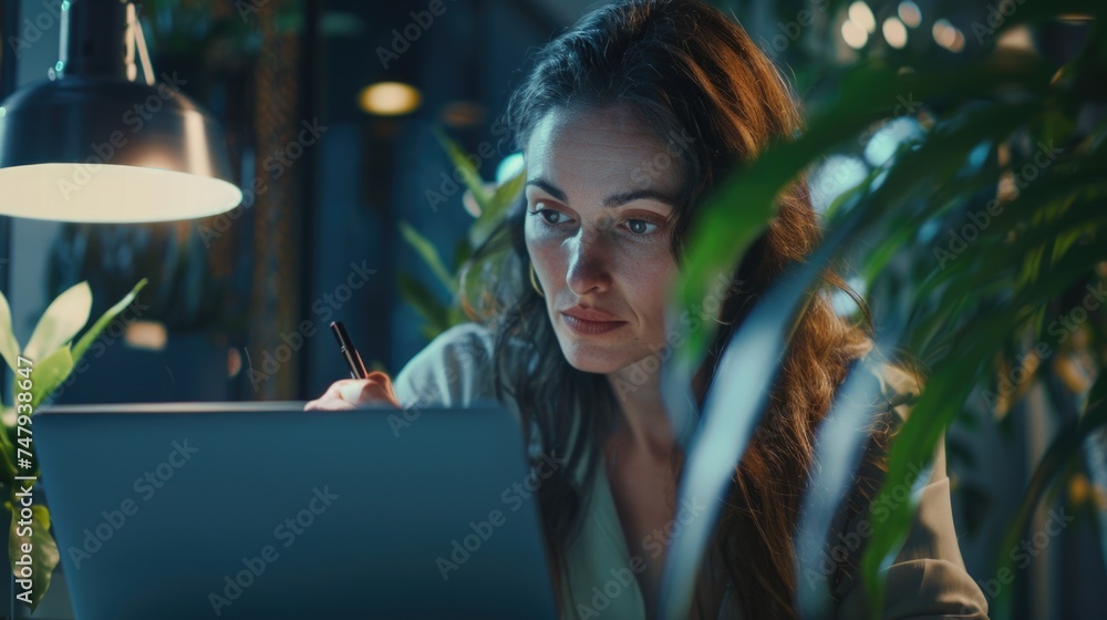 A woman sitting in front of a laptop computer. Suitable for business and technology concepts A woman sitting in front of a laptop computer. Suitable for business and technology concepts