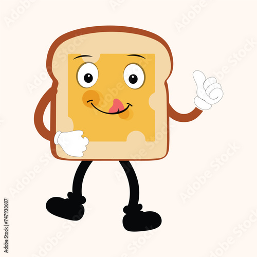 Happy Bread Slice Cartoon Mascot Character, Funny Sandwich Cartoon Vintage Bread Character Retro Style Bread Logo Vector Illustration 60s 70s Bread Retro Style