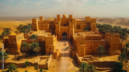 Ancient traditional architecture. Golden fortress in desert. Sandy landscape. Beautiful towers and gateways. Historical cultural building background. Palm tree. Old Arabian castle. Arabic tourism spot photo