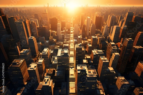 An aerial view of an urban city grid  with skyscrapers casting long shadows in the warm glow of the setting sun.  