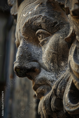 Detailed close-up of a statue depicting a man's face. Suitable for various projects