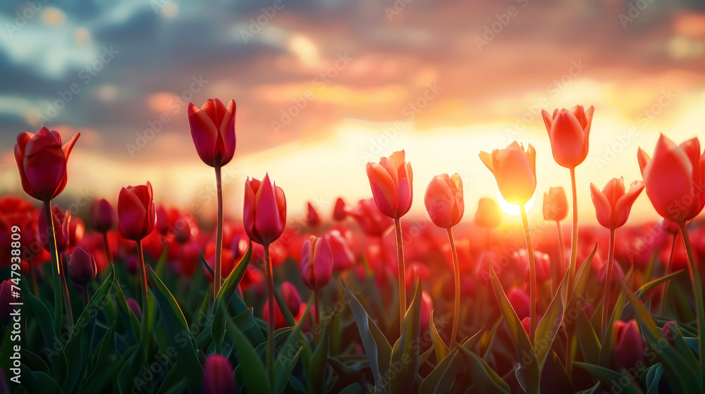 field of tulips in the background of the sunse