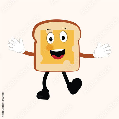Happy Bread Slice Cartoon Mascot Character, Funny Sandwich Cartoon Vintage Bread Character Retro Style Bread Logo Vector Illustration 60s 70s Bread Retro Style