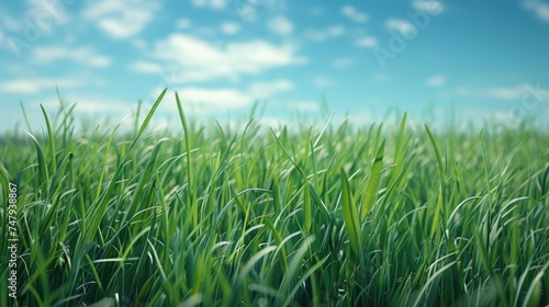 A picturesque view of a green grass field with a clear blue sky in the background. Ideal for nature and outdoor concepts