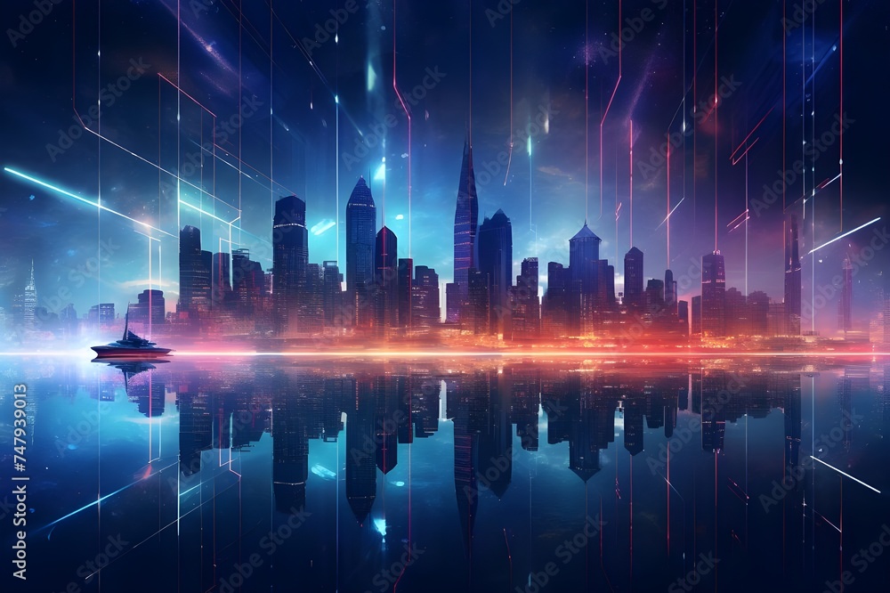 A futuristic cityscape at night, illuminated by a network of colorful lights and reflections on the water.


