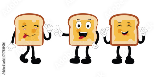 Happy Bread Slice Cartoon Mascot Character, Funny Sandwich Cartoon Vintage Bread Character Retro Style Bread Logo Vector Illustration 60s 70s Bread Retro Style
