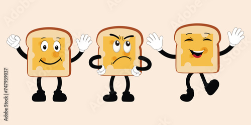 Happy Bread Slice Cartoon Mascot Character, Funny Sandwich Cartoon Vintage Bread Character Retro Style Bread Logo Vector Illustration 60s 70s Bread Retro Style