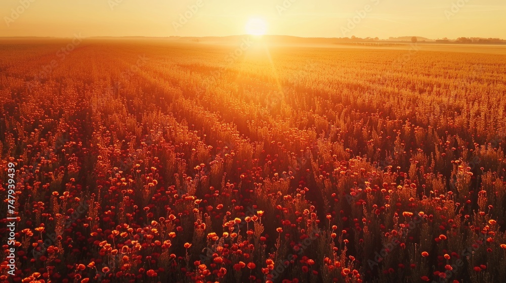 Beautiful sunset over a field of flowers, perfect for nature-themed designs