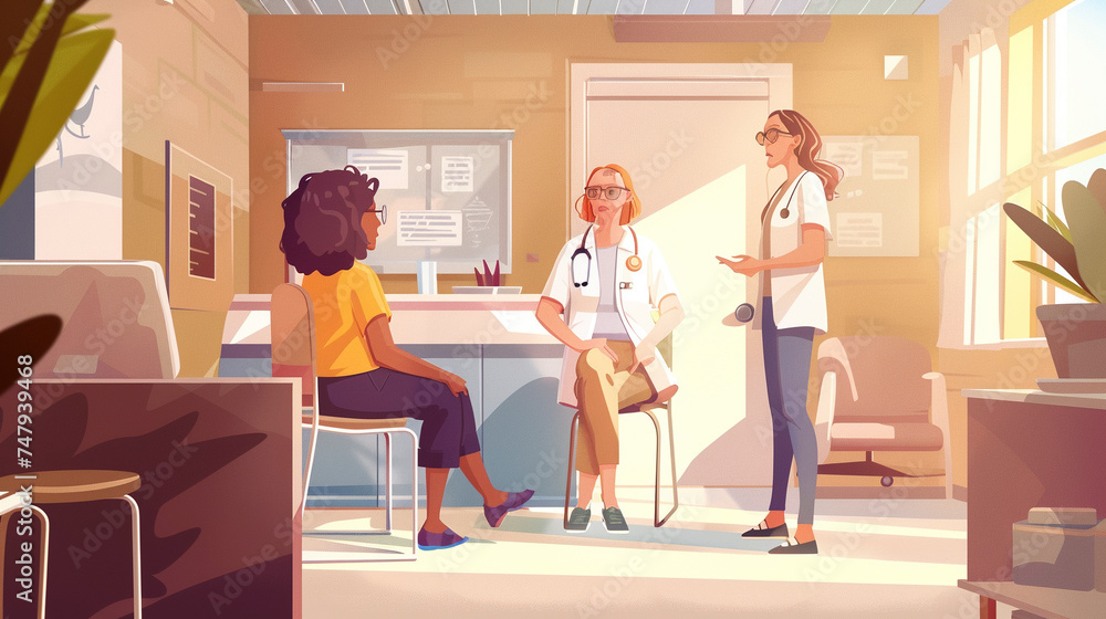 Healthcare Cartoon Scene, Patients at the Doctor's Office in Cartoon Style Healthcare Cartoon Scene, Patients at the Doctor's Office in Cartoon Style