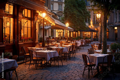 Outdoor restaurant at dusk. illuminated building exterior and dining tables on a cobbled street