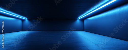 Empty underground background with blue lighting.