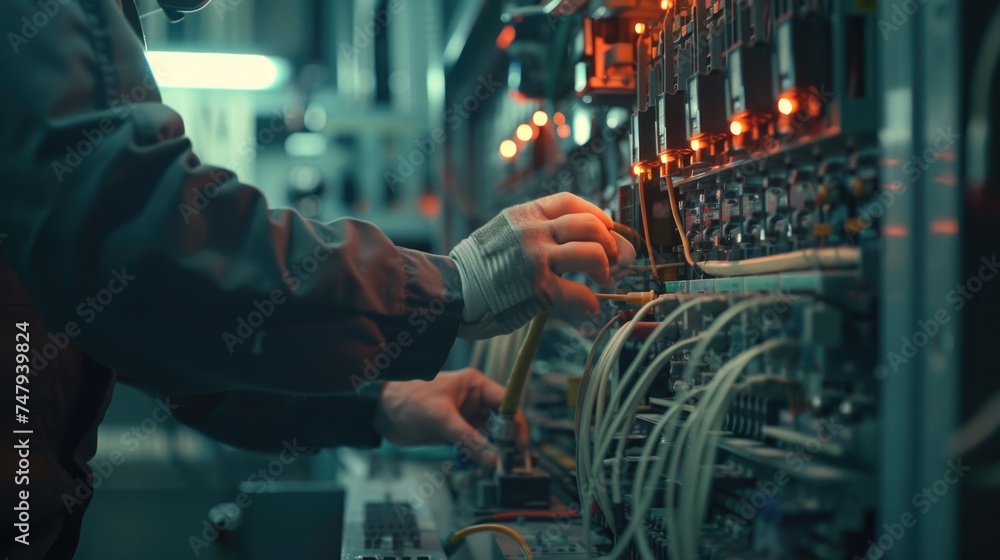 A man working on a machine in a factory. Suitable for industrial concepts A man working on a machine in a factory. Suitable for industrial concepts