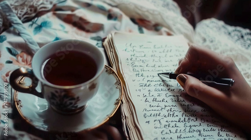 intage Handwriting Journal, Close-Up with Elegant Calligraphy and Tea Cup photo