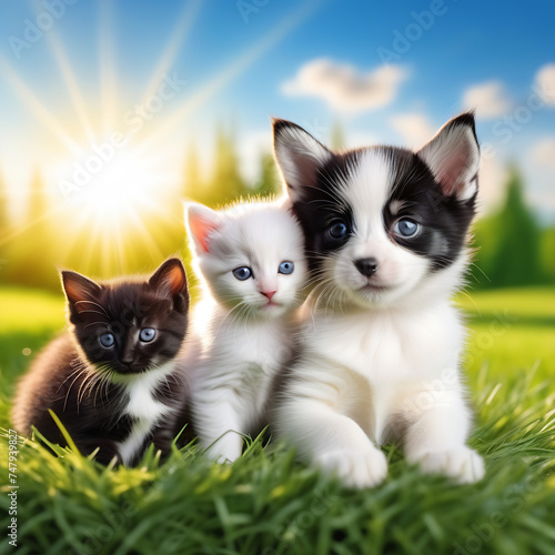 puppy and kitten against the backdrop of bright sun rays © Татьяна Жерносенко