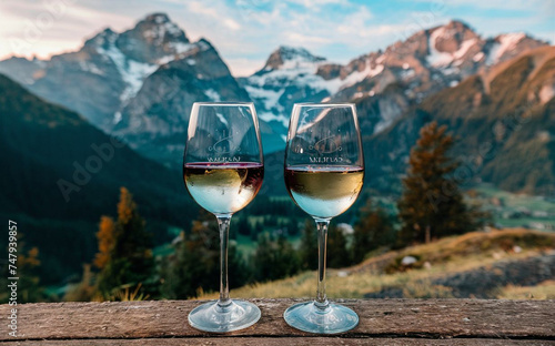 "Mountain Serenity: Savoring Sunset with Two Glasses of Wine"