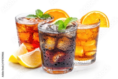 Three glasses of soda with orange slices and mint, perfect for summer refreshment