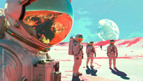 A digital artwork portraying agroup of astronautsexploring the surface of Mars with the red planets  Generative AI photo