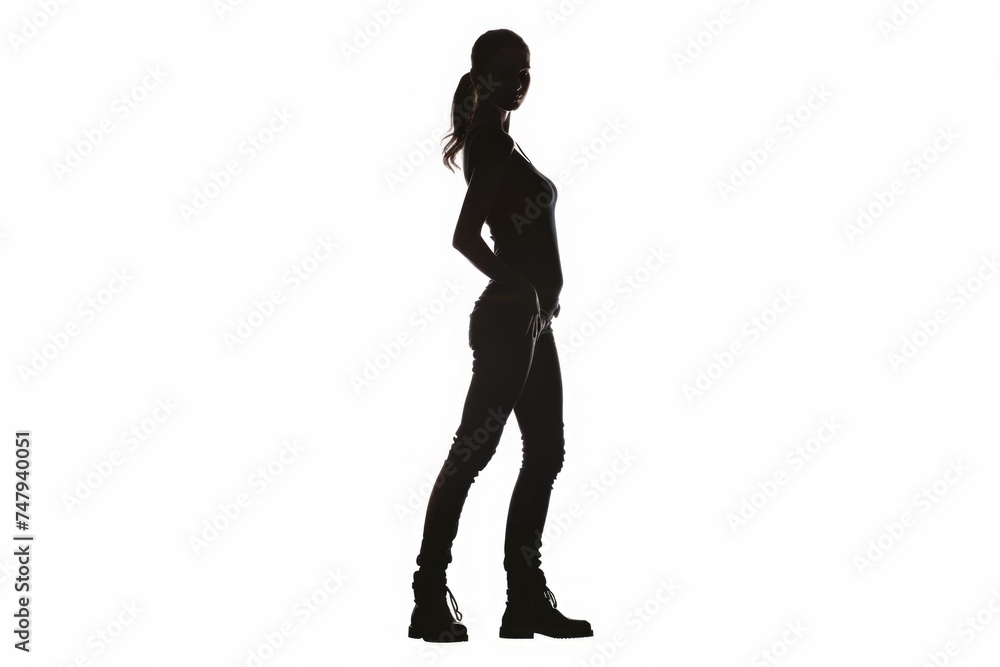 Silhouette of a woman standing with her back to the camera. Suitable for various concepts and designs