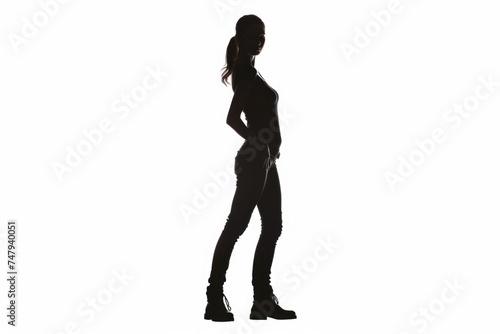 Silhouette of a woman standing with her back to the camera. Suitable for various concepts and designs