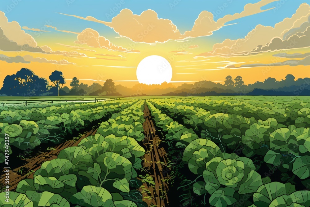 a field of cabbages and trees - obrazy, fototapety, plakaty 