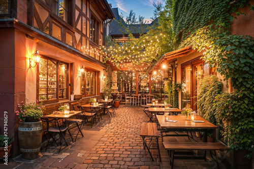  Romantic restaurant patio with fairy lights and cozy summer evening ambiance
