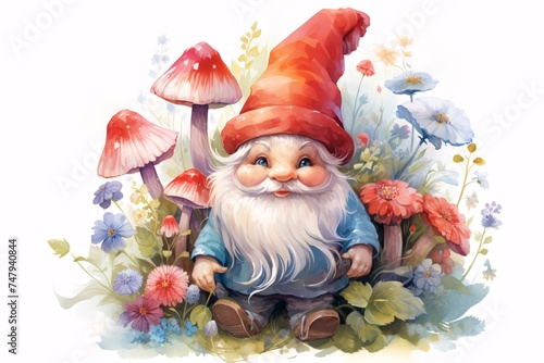 a gnome with a red hat and flowers