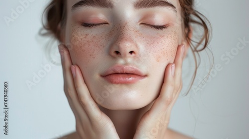 Close up of a woman with freckles, suitable for beauty and skincare concepts