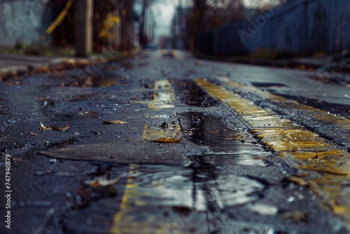 Wet street with a yellow line, suitable for urban and transportation concepts