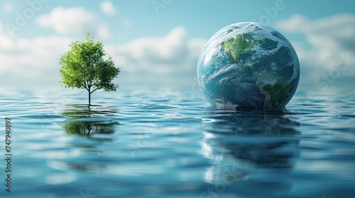 Ball shaped earth and blue water , safe nature earth day concept