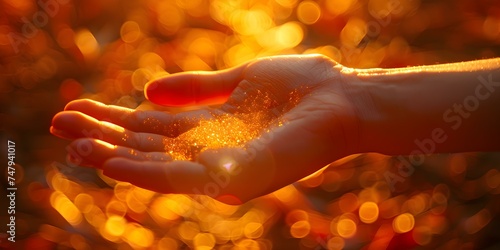 A hand illuminated by a glowing light against a blurred orange backdrop. Concept Photography, Lighting, Glow Effect, Creativity, Conceptual Art