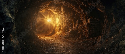 A lighting fixture illuminates a dark underground passage as someone explores in search of gold. The light at the end of the tunnel provides hope and guidance in the dim environment.