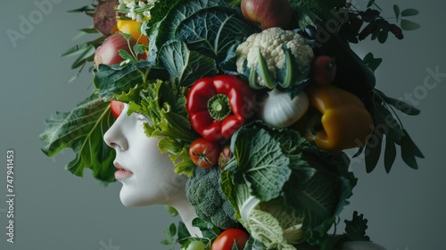 Fototapeta Naklejka Na Ścianę i Meble -  Mannequin head covered in assortment of produce, ideal for health and nutrition concepts