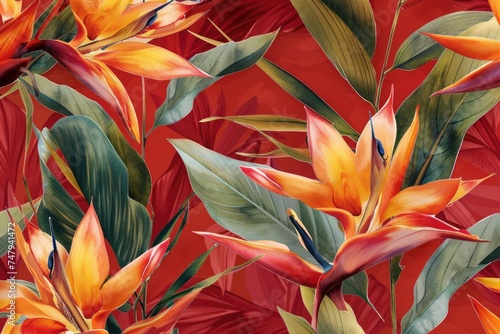 Vibrant orange and green flowers on a bold red backdrop  perfect for adding a pop of color to your design projects