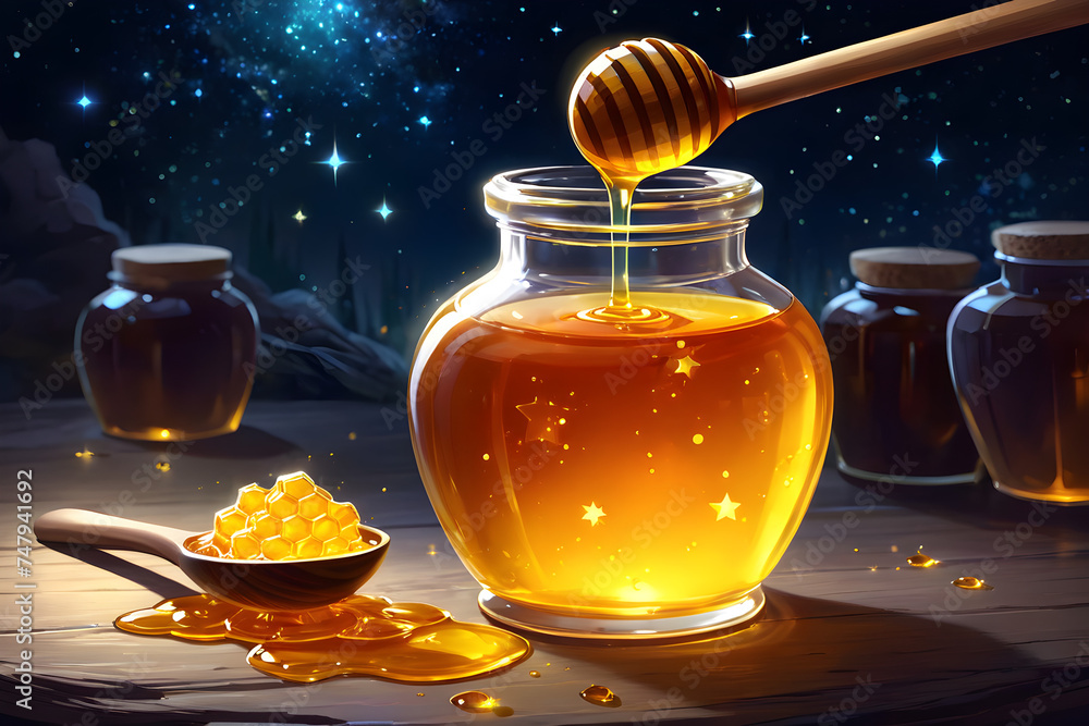 Bottle of honey with a lid and a spoon, painting of one health potion Bottle of honey with a lid and a spoon, painting of one health potion