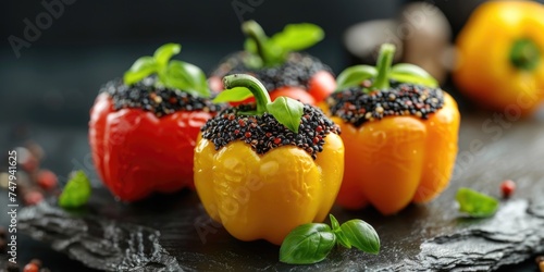 Three colorful peppers with sprinkles on top