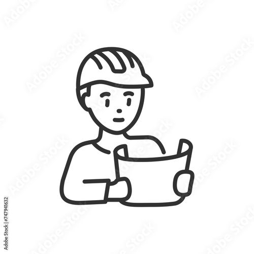 A construction engineer in a helmet studying a blueprint, linear icon. Line with editable stroke