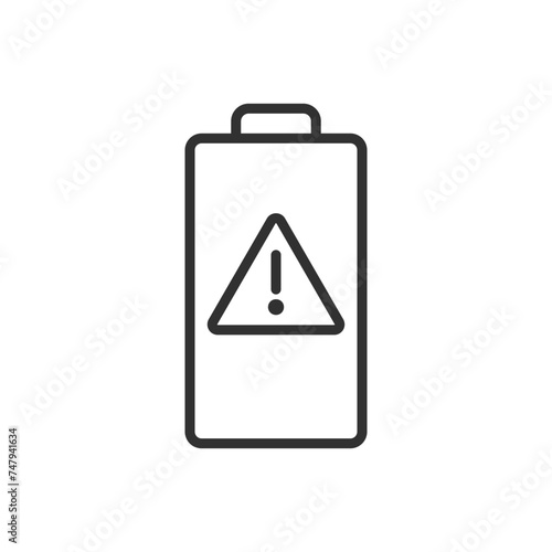 Battery with warning symbol, linear icon, exclamation mark. Error, danger. Line with editable stroke