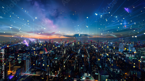 A panoramic view of a modern cityscape at night, overlaid with glowing lines and dots representing internet networks and communication links internet communication. © Davin