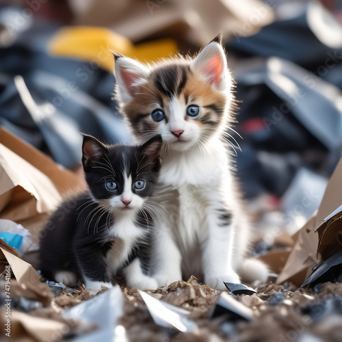 Little kitten against the backdrop of a garbage dump