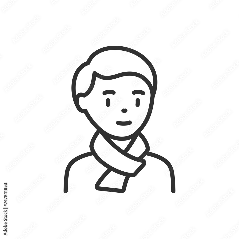 A man wearing a scarf, linear icon. Winter seasonal clothing. Scarf for cold weather. Line with editable stroke