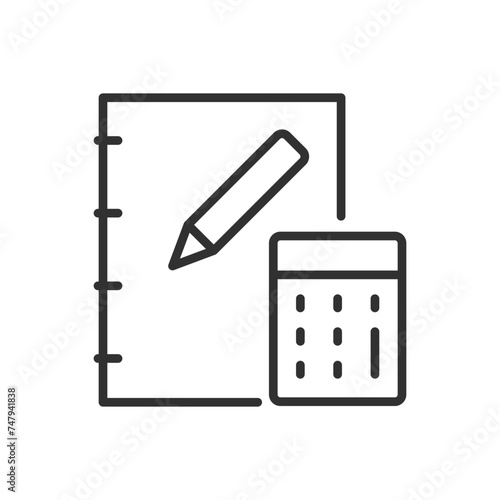 Calculations and planning, linear icon. Notebook and calculator. Line with editable stroke