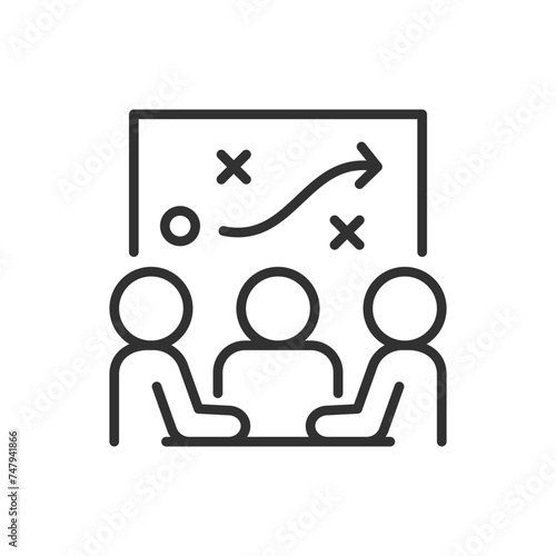 A joint effort to choose a strategy to get to a goal, linear icon. People at the table choosing and making a strategic decision. Discussion and collective decision. Line with editable stroke