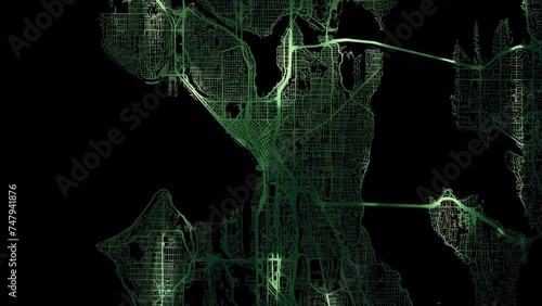 Zoom in road map of Seattle Washington with green glowing roads on a black background.
