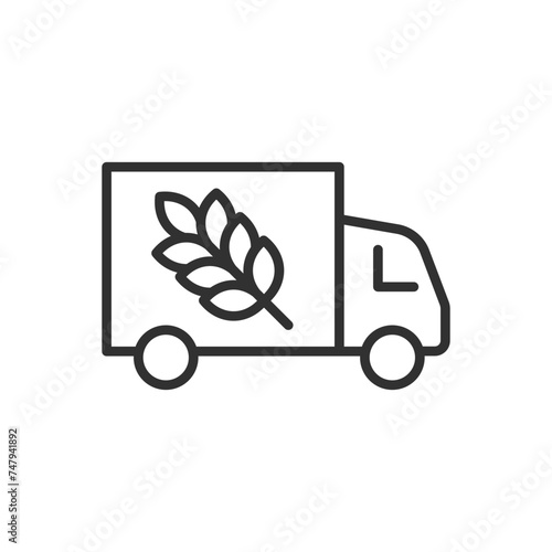 Transporting grain, linear icon. A truck transporting wheat grain. Line with editable stroke