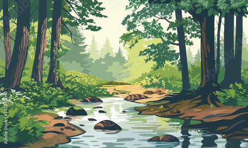 A stream of river creek flowing across a dense green forest, vector illustration