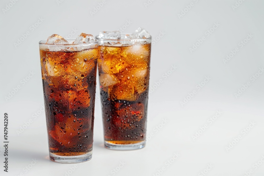 Two glasses of soda on a clean white surface. Perfect for food and drink concepts Two glasses of soda on a clean white surface. Perfect for food and drink concepts